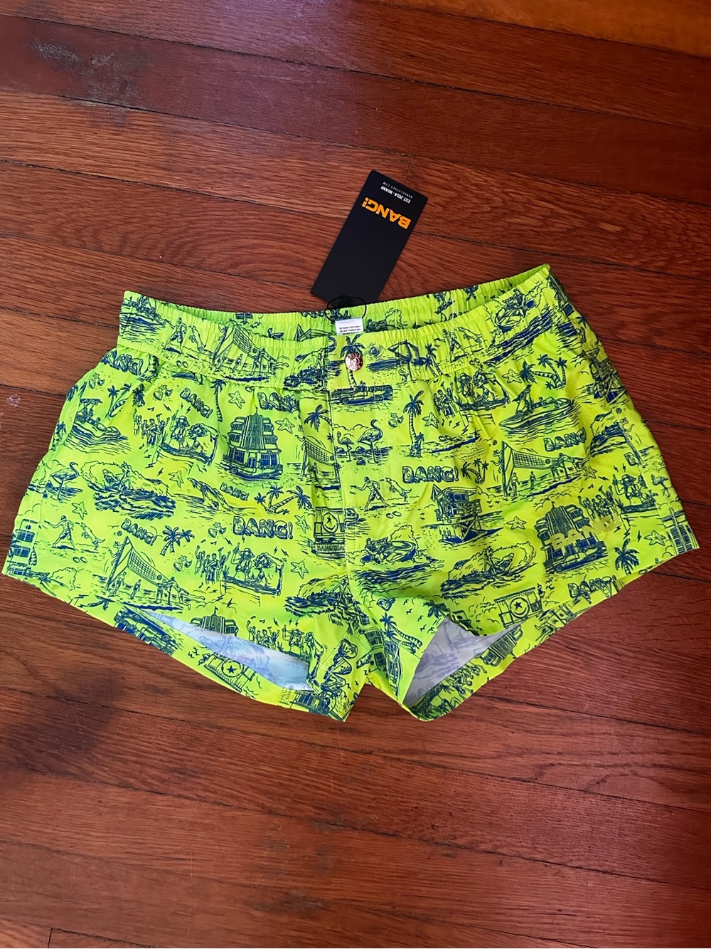 Neon Yellow Printed Athletic Swim Trunks Shorts Men